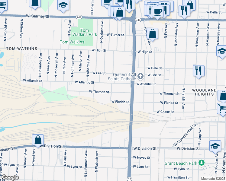 map of restaurants, bars, coffee shops, grocery stores, and more near 1731 West Thoman Street in Springfield