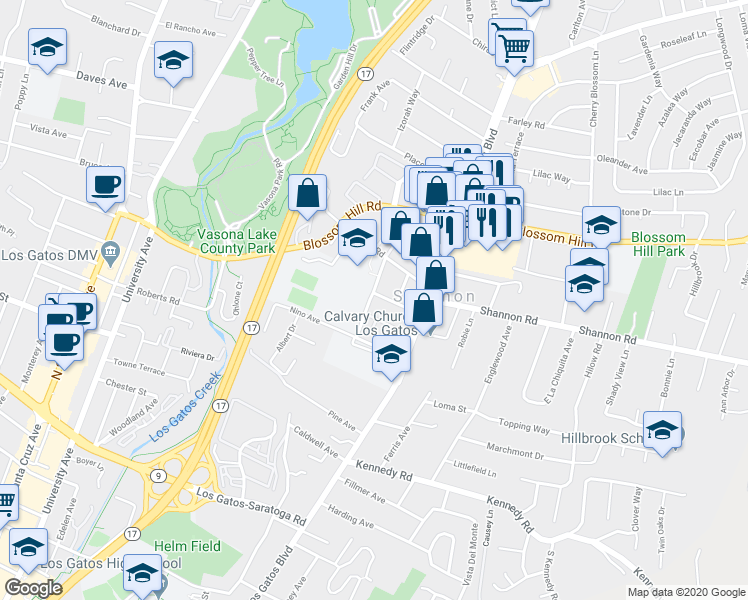 map of restaurants, bars, coffee shops, grocery stores, and more near 16952 Mitchell Avenue in Los Gatos