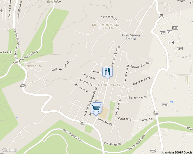 map of restaurants, bars, coffee shops, grocery stores, and more near 1132 Ray Road Southeast in Roanoke