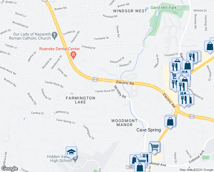 map of restaurants, bars, coffee shops, grocery stores, and more near 2989 Winterberry Drive in Roanoke