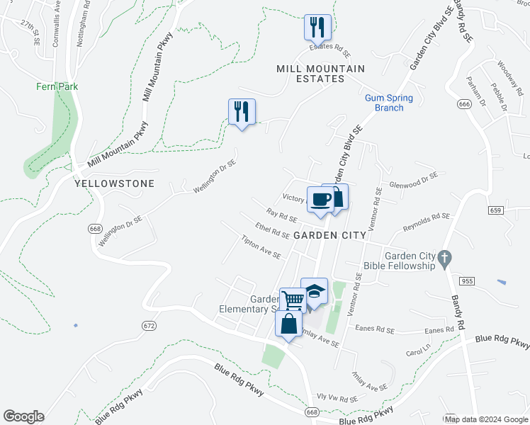 map of restaurants, bars, coffee shops, grocery stores, and more near 1031 Ray Road Southeast in Roanoke