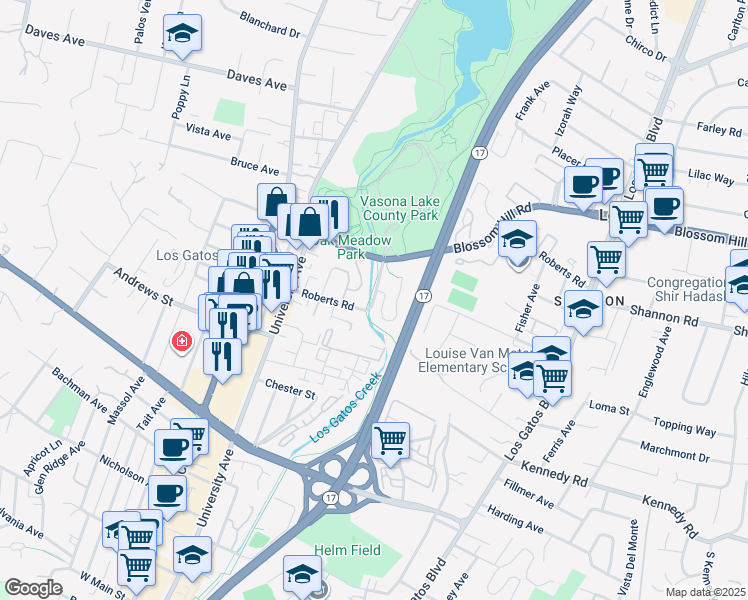 map of restaurants, bars, coffee shops, grocery stores, and more near 1 Roberts Road in Los Gatos