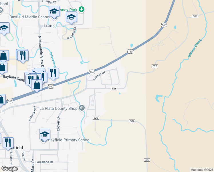 map of restaurants, bars, coffee shops, grocery stores, and more near 105 Cinnamon Drive in Bayfield