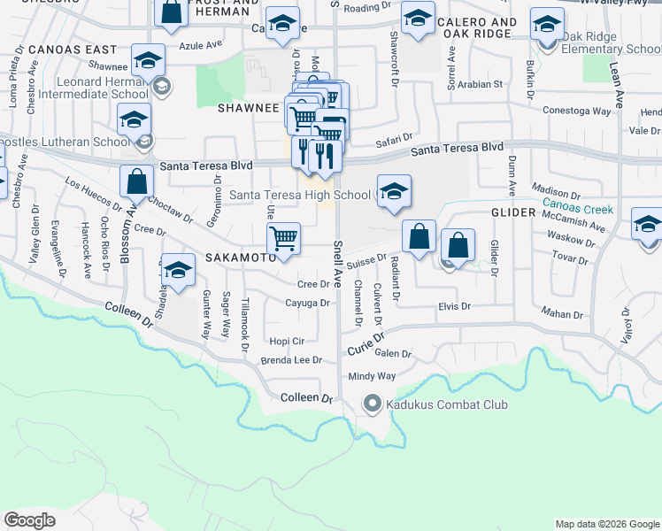 map of restaurants, bars, coffee shops, grocery stores, and more near 6222 Wichita Court in San Jose