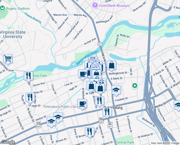map of restaurants, bars, coffee shops, grocery stores, and more near 23 West Old Street in Petersburg