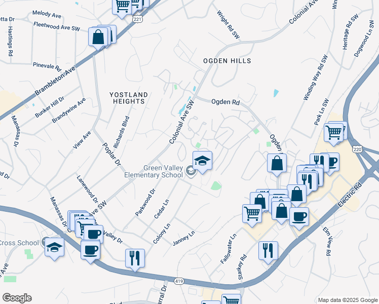 map of restaurants, bars, coffee shops, grocery stores, and more near 3531 Timberline Trail in Roanoke