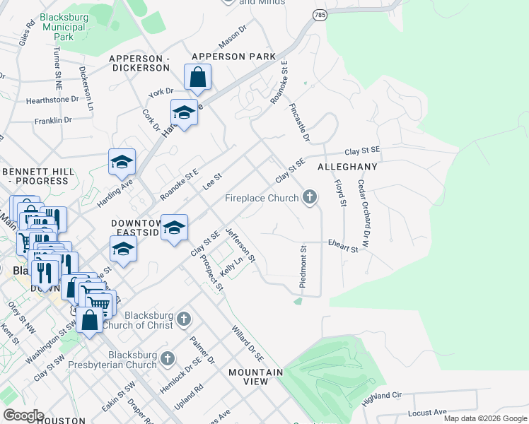 map of restaurants, bars, coffee shops, grocery stores, and more near 405 Clairmont Drive in Blacksburg