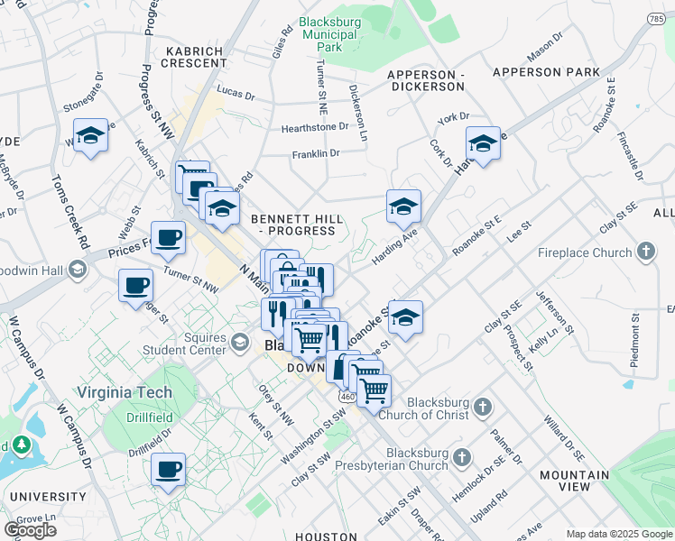 map of restaurants, bars, coffee shops, grocery stores, and more near 212 Wilson Ave in Blacksburg