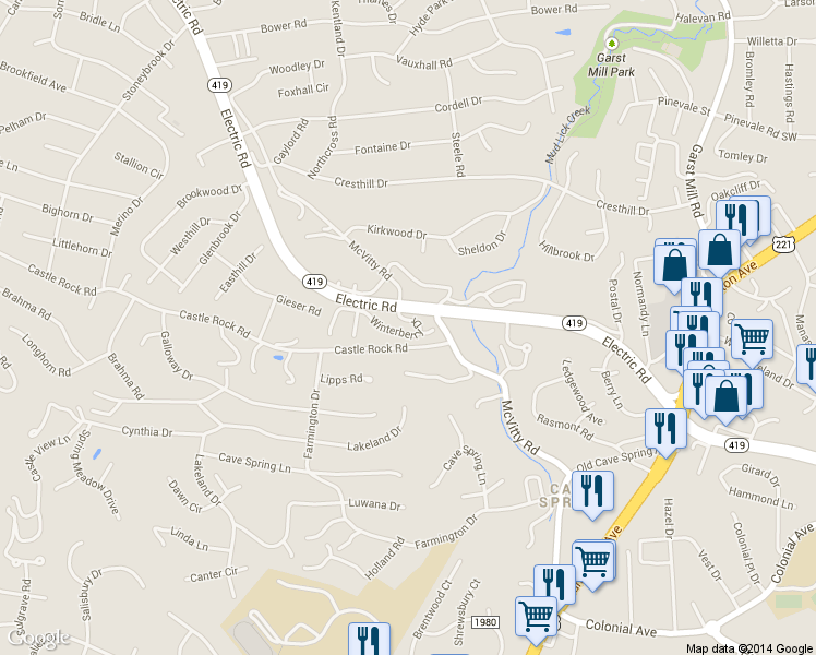 map of restaurants, bars, coffee shops, grocery stores, and more near 2989 Winterberry Drive in Roanoke
