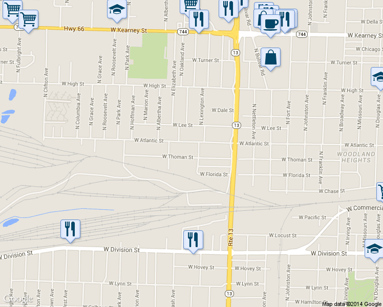 map of restaurants, bars, coffee shops, grocery stores, and more near 1811 West Thoman Street in Springfield