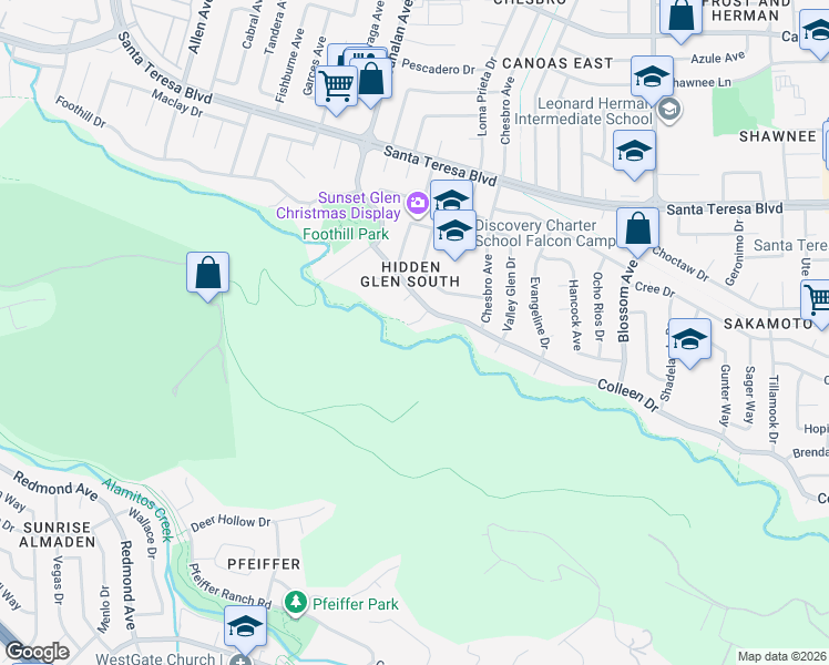 map of restaurants, bars, coffee shops, grocery stores, and more near 6212 Glendora Court in San Jose