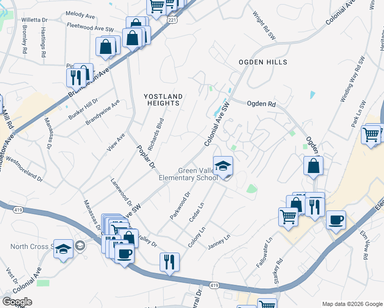 map of restaurants, bars, coffee shops, grocery stores, and more near 3535 Colonial Avenue in Cave Spring