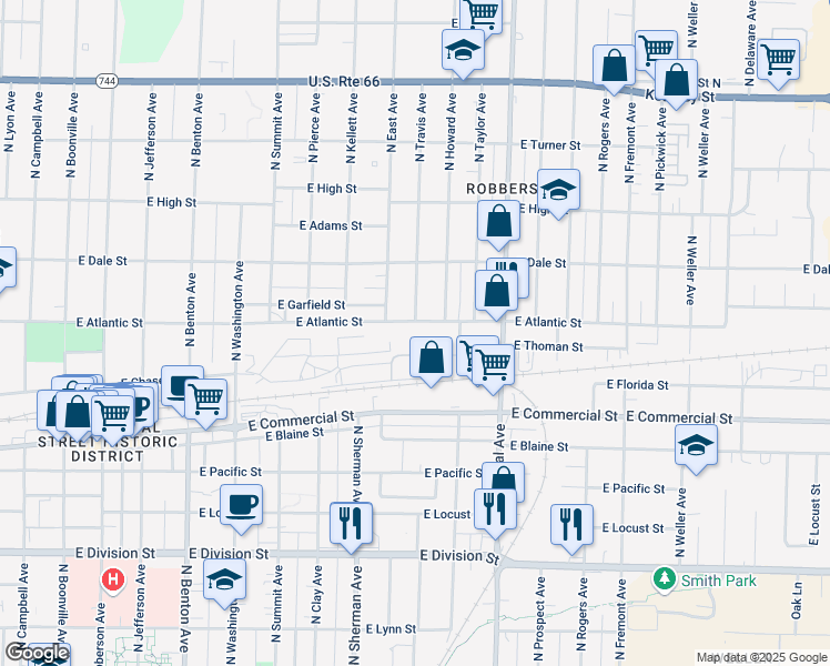 map of restaurants, bars, coffee shops, grocery stores, and more near 1024 East Atlantic Street in Springfield