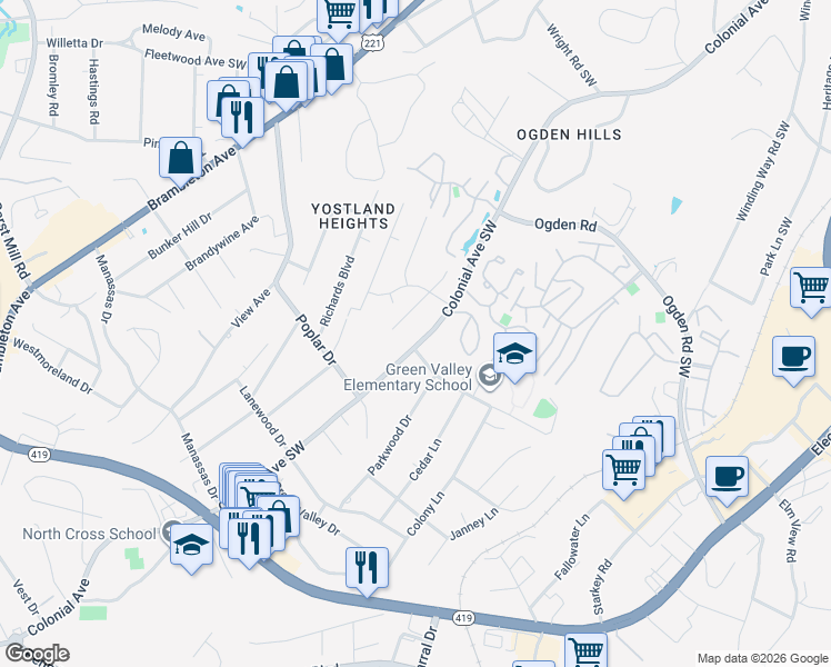 map of restaurants, bars, coffee shops, grocery stores, and more near 3535 Colonial Avenue in Cave Spring