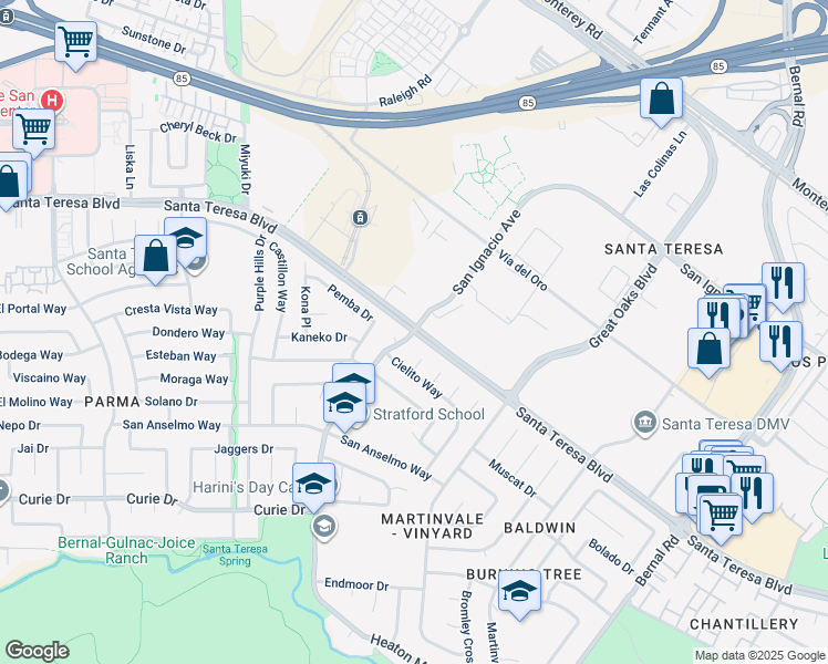 map of restaurants, bars, coffee shops, grocery stores, and more near Santa Teresa Blvd & San Ignacio Ave in San Jose
