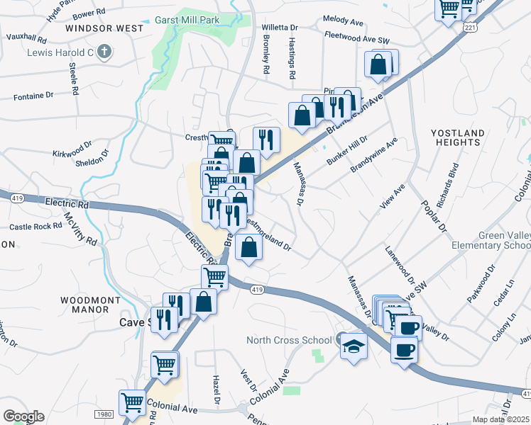 map of restaurants, bars, coffee shops, grocery stores, and more near 3918 Concord Place in Cave Spring