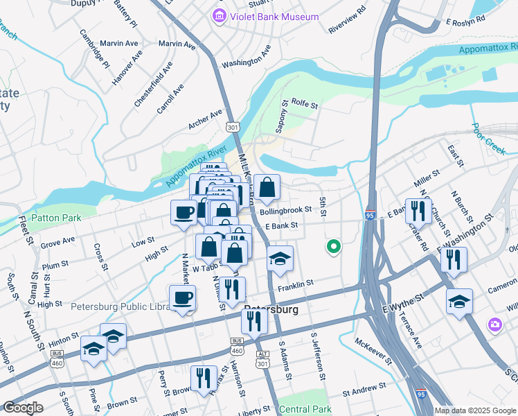 map of restaurants, bars, coffee shops, grocery stores, and more near 411 2nd Street in Petersburg