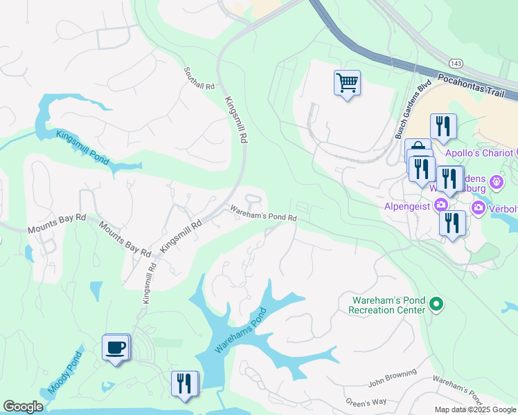 map of restaurants, bars, coffee shops, grocery stores, and more near 106 Harrops Glen in Williamsburg