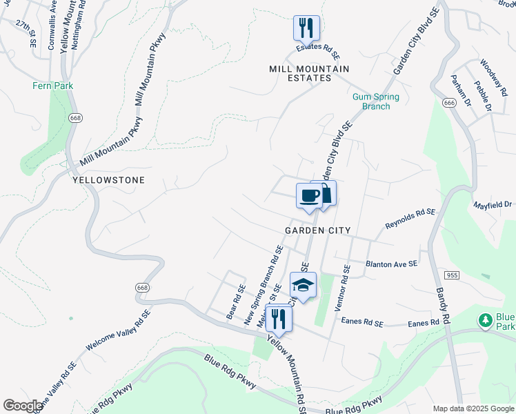 map of restaurants, bars, coffee shops, grocery stores, and more near 1033 Ray Road Southeast in Roanoke