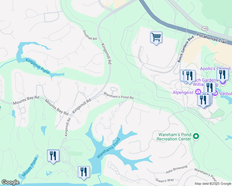 map of restaurants, bars, coffee shops, grocery stores, and more near 105 Harrops Glen in Williamsburg