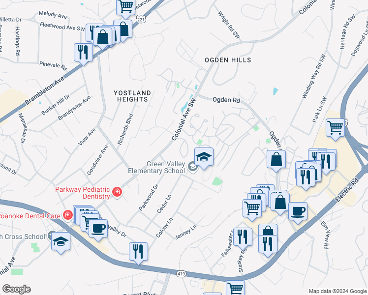 map of restaurants, bars, coffee shops, grocery stores, and more near 3620 Timberline Trail in Roanoke