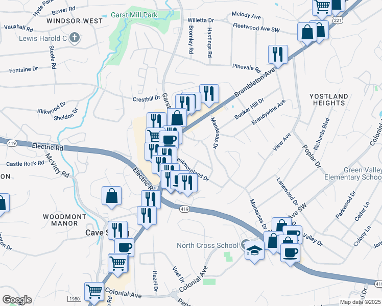 map of restaurants, bars, coffee shops, grocery stores, and more near 3918 Concord Place in Cave Spring