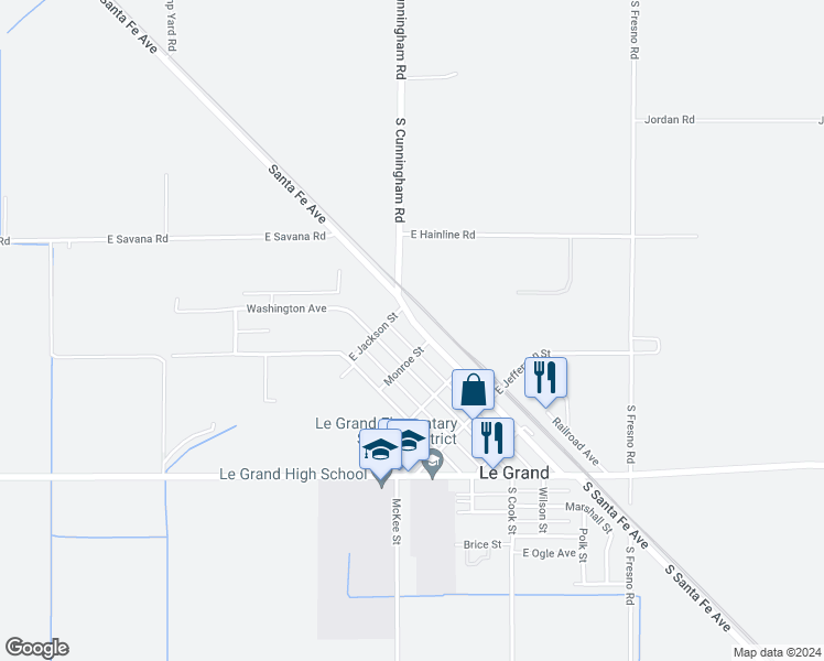 map of restaurants, bars, coffee shops, grocery stores, and more near 2 Santa Fe Avenue in Le Grand