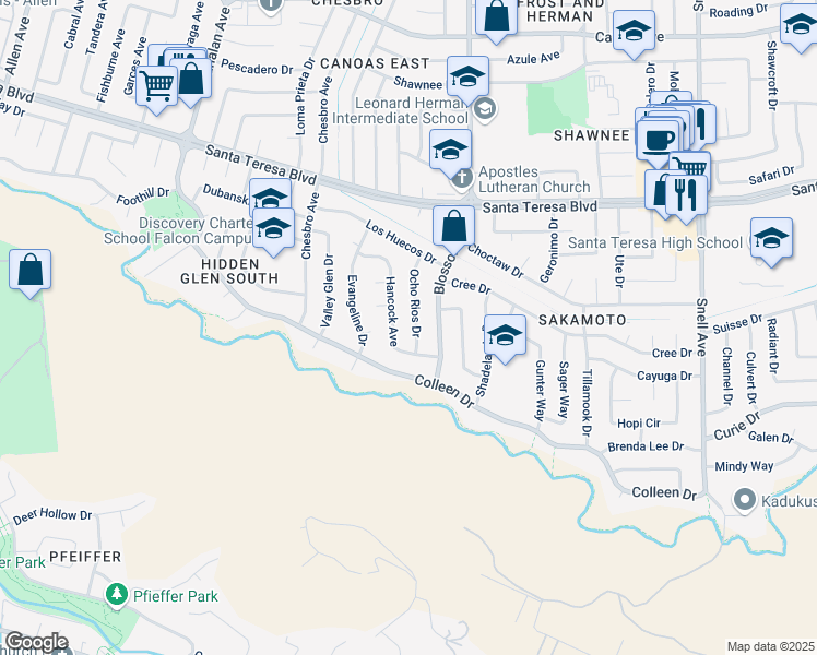 map of restaurants, bars, coffee shops, grocery stores, and more near 6231 Ocho Rios Drive in San Jose