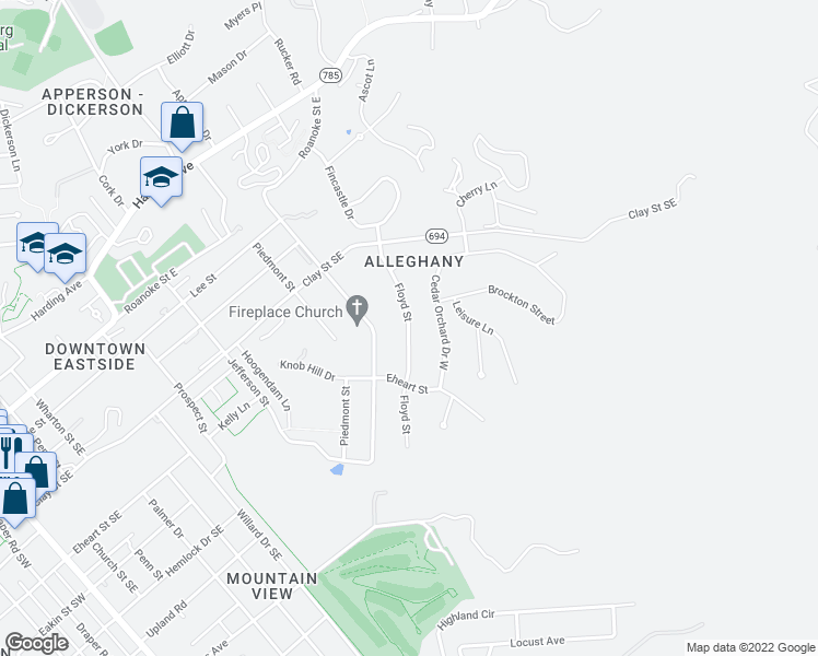 map of restaurants, bars, coffee shops, grocery stores, and more near 504 Floyd Street in Blacksburg
