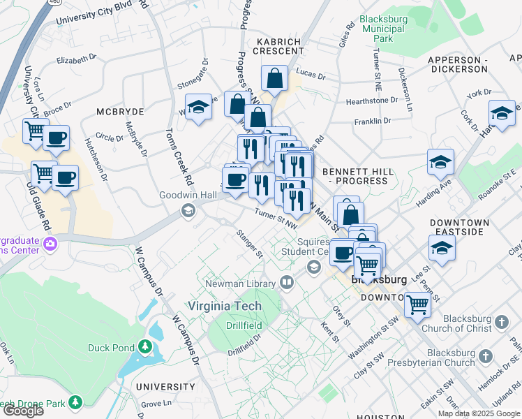 map of restaurants, bars, coffee shops, grocery stores, and more near 300 Turner Street Northwest in Blacksburg