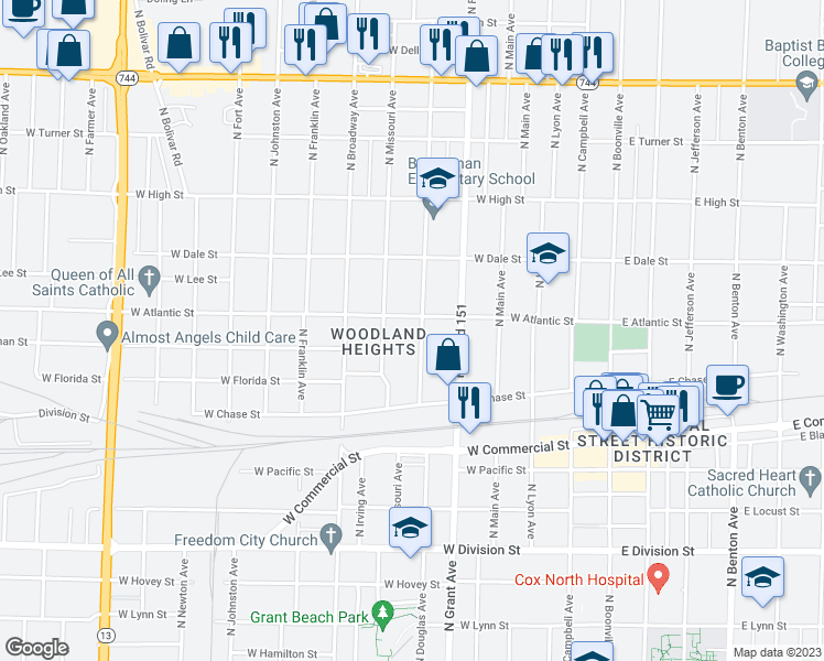 map of restaurants, bars, coffee shops, grocery stores, and more near 1923 North Douglas Avenue in Springfield