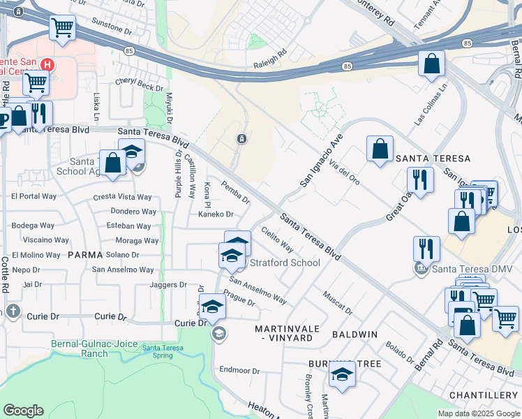 map of restaurants, bars, coffee shops, grocery stores, and more near 6419 San Ignacio Avenue in San Jose