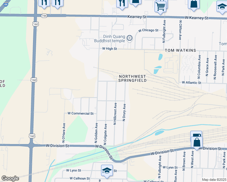 map of restaurants, bars, coffee shops, grocery stores, and more near 1935 North Hillcrest Avenue in Springfield