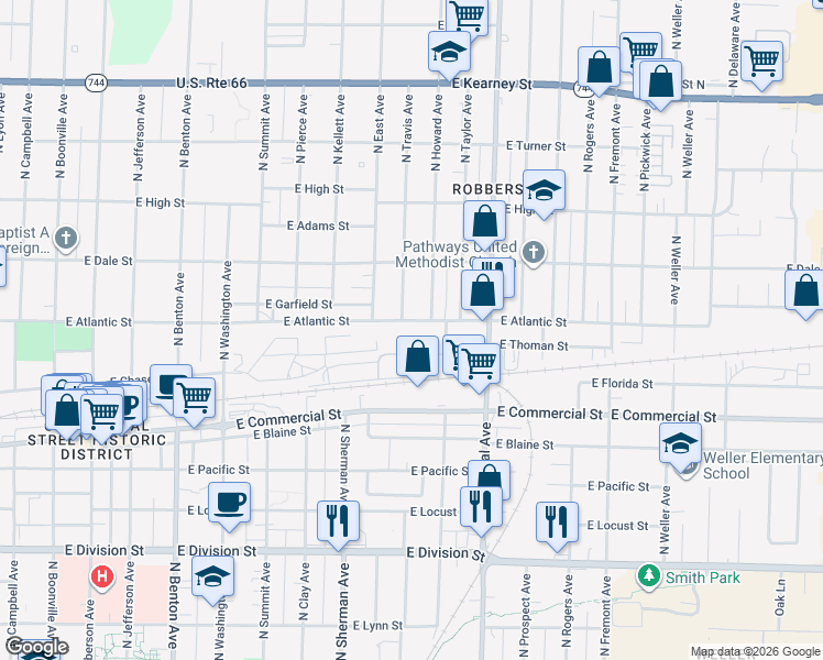 map of restaurants, bars, coffee shops, grocery stores, and more near 1038 E Atlantic St in Springfield