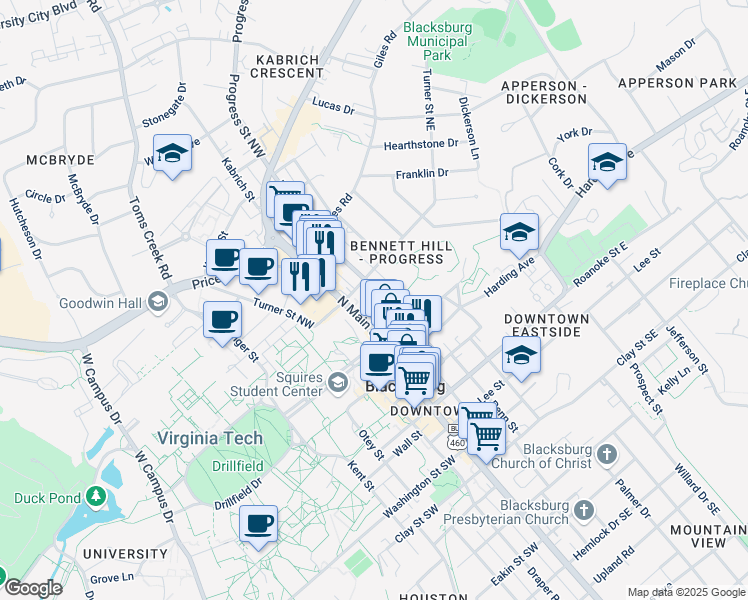 map of restaurants, bars, coffee shops, grocery stores, and more near 505 Progress Street Northeast in Blacksburg