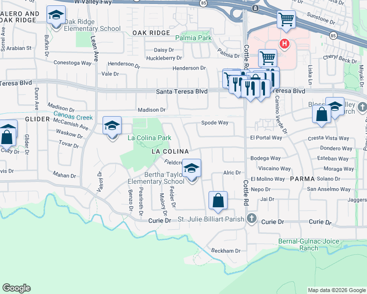 map of restaurants, bars, coffee shops, grocery stores, and more near 6197 Springer Way in San Jose