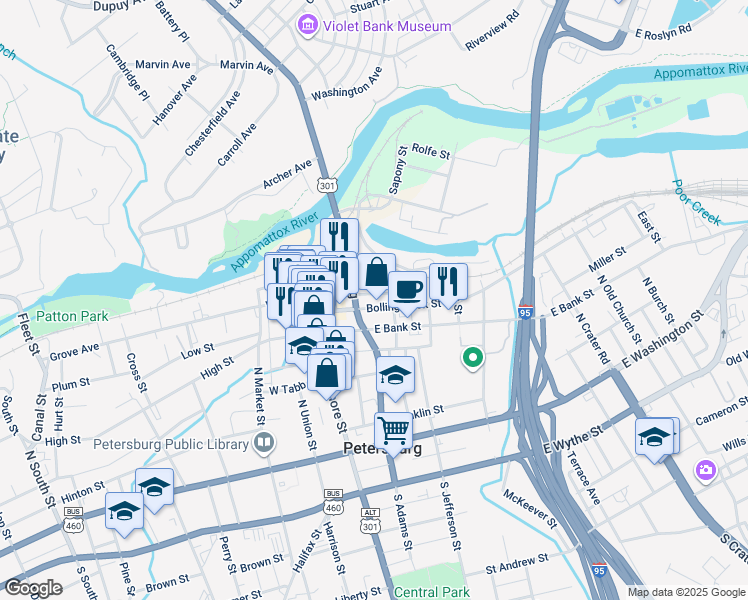 map of restaurants, bars, coffee shops, grocery stores, and more near 411 2nd Street in Petersburg