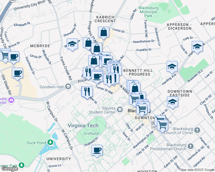 map of restaurants, bars, coffee shops, grocery stores, and more near 208 Turner Street Northwest in Blacksburg