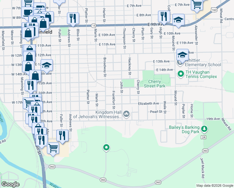 map of restaurants, bars, coffee shops, grocery stores, and more near 1012 Ann Street in Winfield