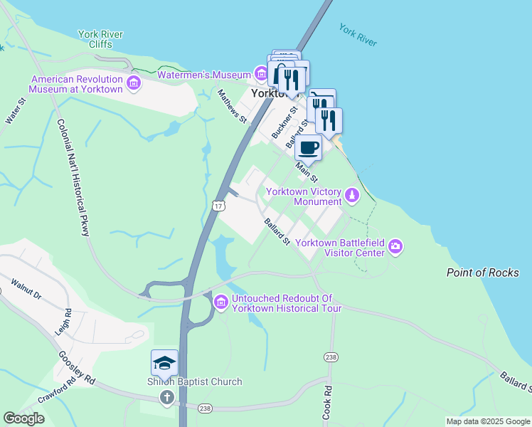 map of restaurants, bars, coffee shops, grocery stores, and more near 311 Ballard Street in Yorktown