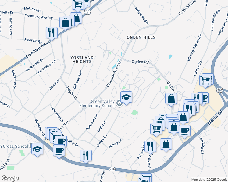 map of restaurants, bars, coffee shops, grocery stores, and more near 3616 Timberline Trail in Cave Spring