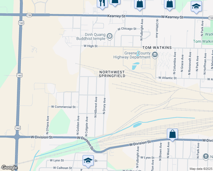 map of restaurants, bars, coffee shops, grocery stores, and more near 1936 North Drury Avenue in Springfield