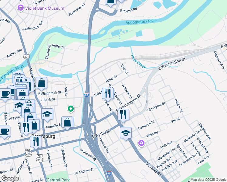 map of restaurants, bars, coffee shops, grocery stores, and more near 120 North Old Church Street in Petersburg