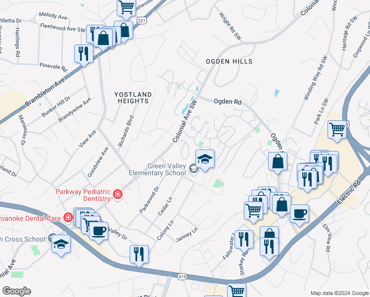 map of restaurants, bars, coffee shops, grocery stores, and more near 3537 Timberline Trail in Cave Spring
