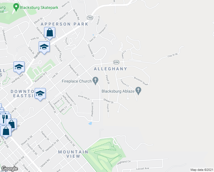 map of restaurants, bars, coffee shops, grocery stores, and more near 502 Floyd Street in Blacksburg
