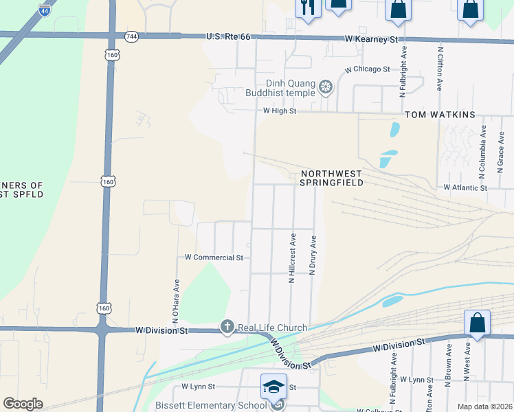 map of restaurants, bars, coffee shops, grocery stores, and more near 1926 North Golden Avenue in Springfield