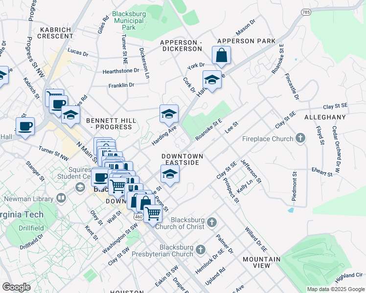 map of restaurants, bars, coffee shops, grocery stores, and more near 504 Jackson Street Northeast in Blacksburg