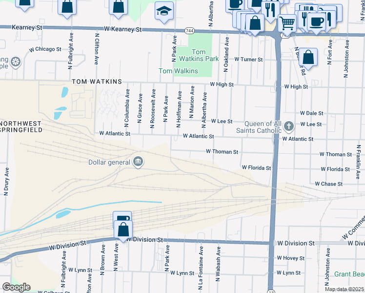 map of restaurants, bars, coffee shops, grocery stores, and more near 2117 West Thoman Street in Springfield