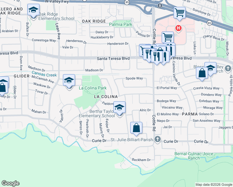 map of restaurants, bars, coffee shops, grocery stores, and more near 6197 Springer Way in San Jose