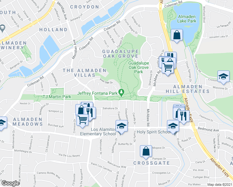 map of restaurants, bars, coffee shops, grocery stores, and more near 1278 Poker Flat Place in San Jose
